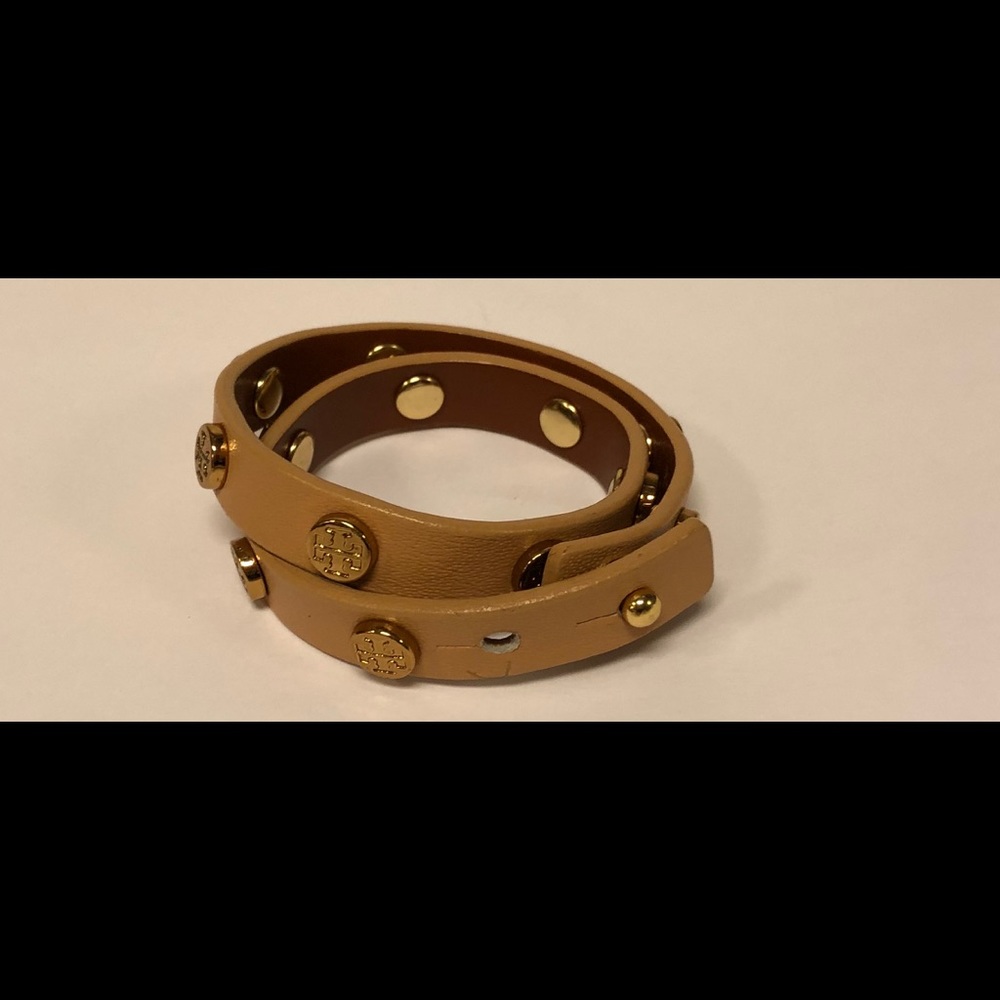 Tory Burch leather double wrap logo stud bracelet